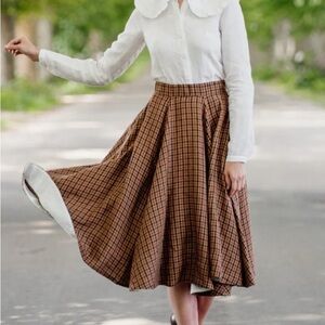 Son de Flor Classic Checkered Tartan Brown Midi Skirt